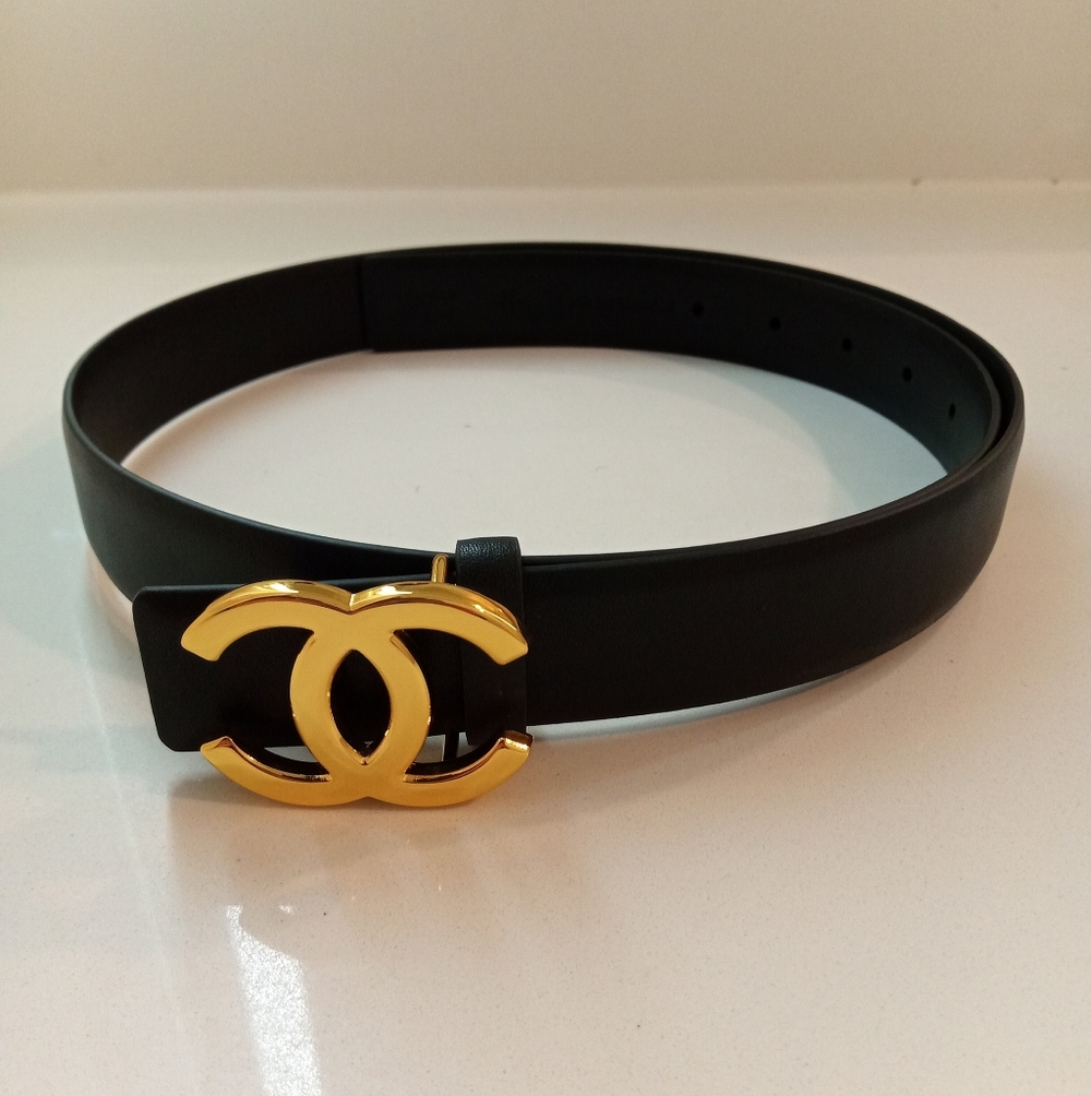 Chanel CC Gold Black Leather Belt